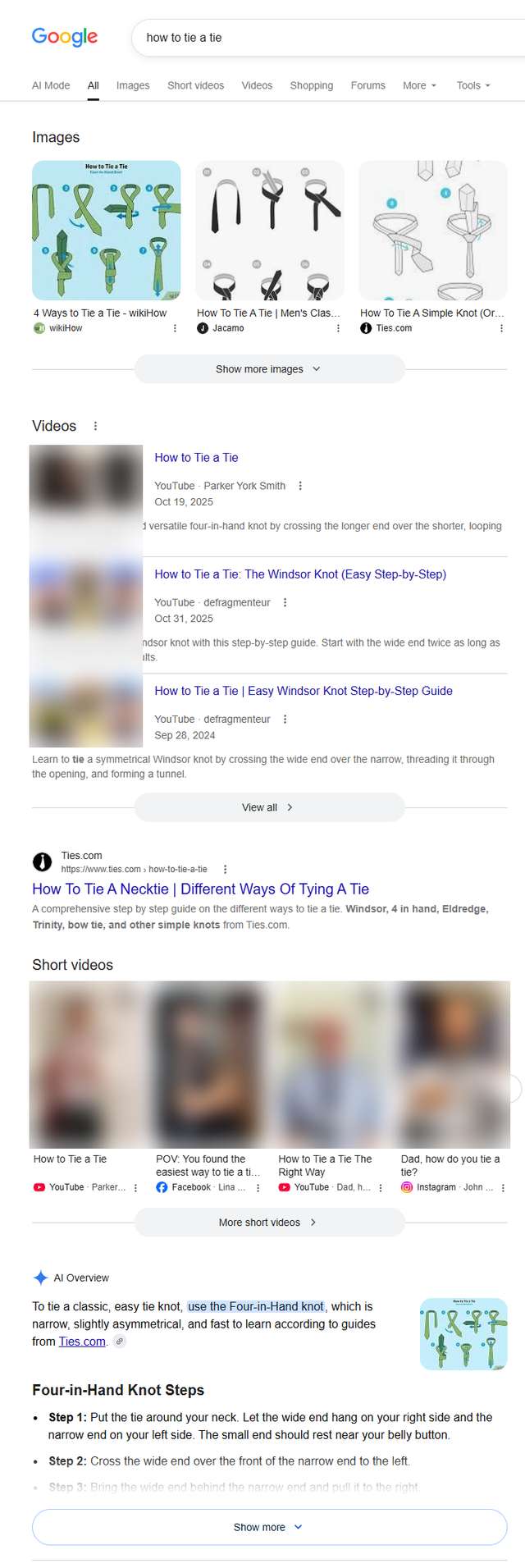 谷歌搜how to tie a tie，图片和视频模块排在第一个网页结果前面