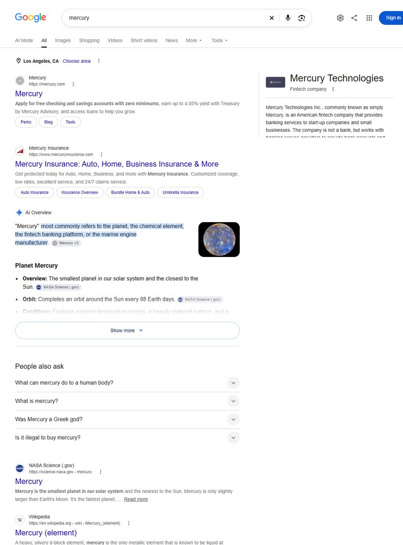 谷歌美国英文搜mercury，金融科技公司、保险公司、行星、化学元素出现在同一页