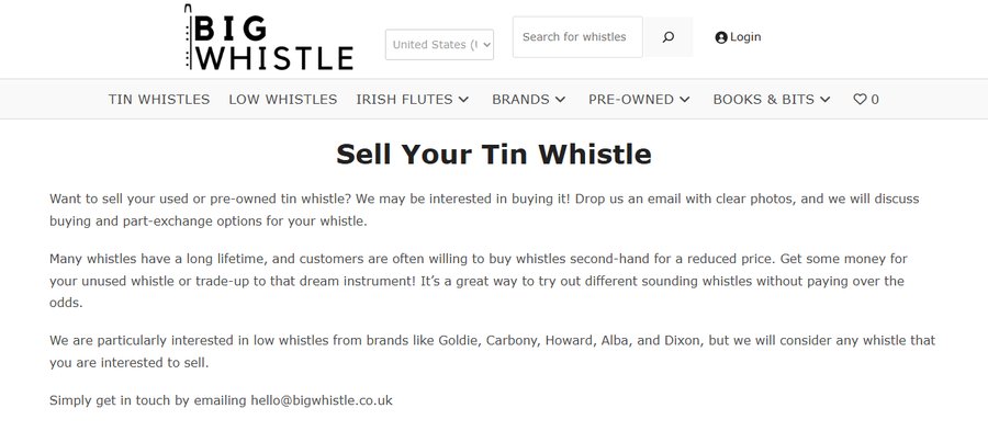 Big Whistle的Sell Your Tin Whistle页面,可以收购二手哨笛或折价换新