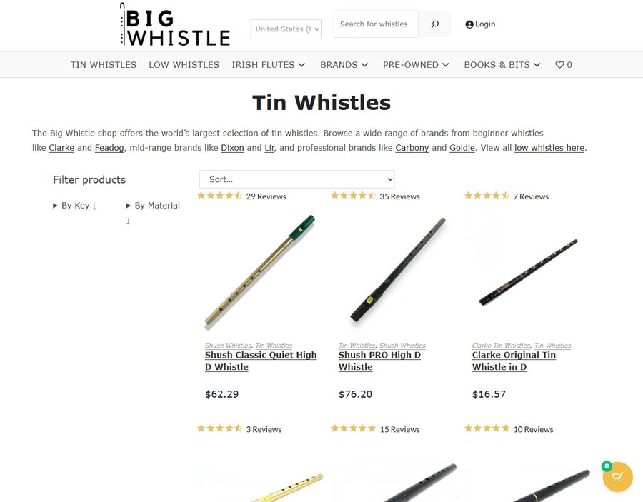 Big Whistle的Tin Whistles分类页,Clarke Original D约16.57美金、Shush Classic Quiet High D约62.29美金