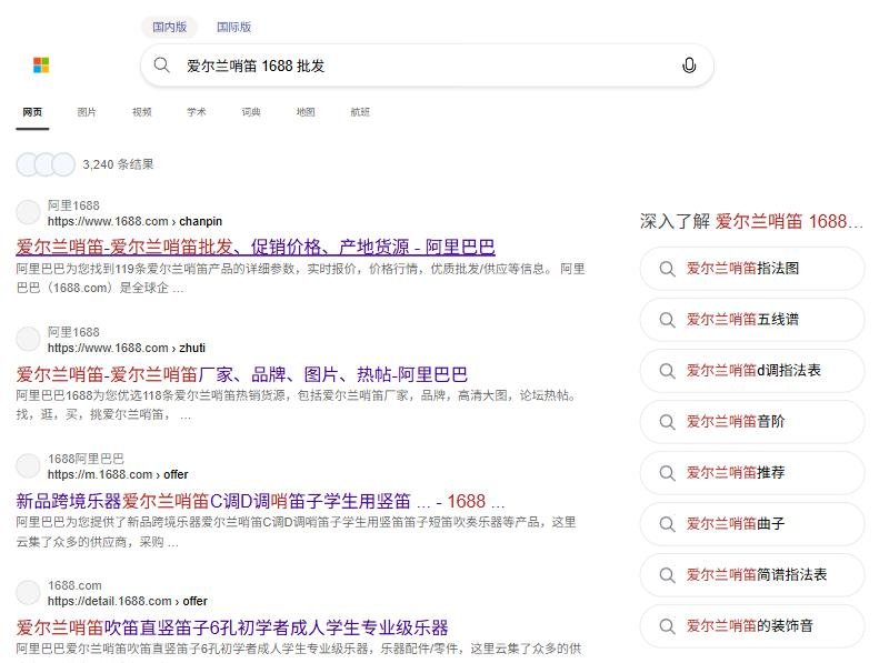 Bing搜爱尔兰哨笛1688批发,1688页面显示119条爱尔兰哨笛产品、118条热销货源