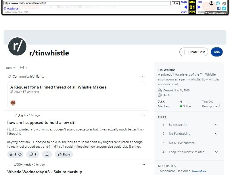 Reddit哨笛社区r/tinwhistle,约7600成员,2010年建,4条规则