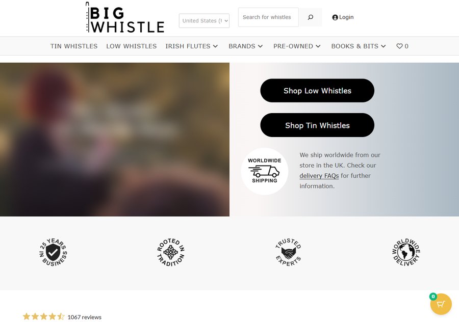 爱尔兰哨笛网店Big Whistle首页,菜单分Tin Whistles、Low Whistles、Irish Flutes、Brands、Pre-Owned,写着从英国发全球、25年老店