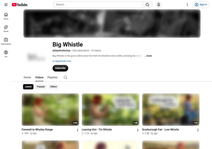Big Whistle自己的YouTube频道,255订阅、16个视频