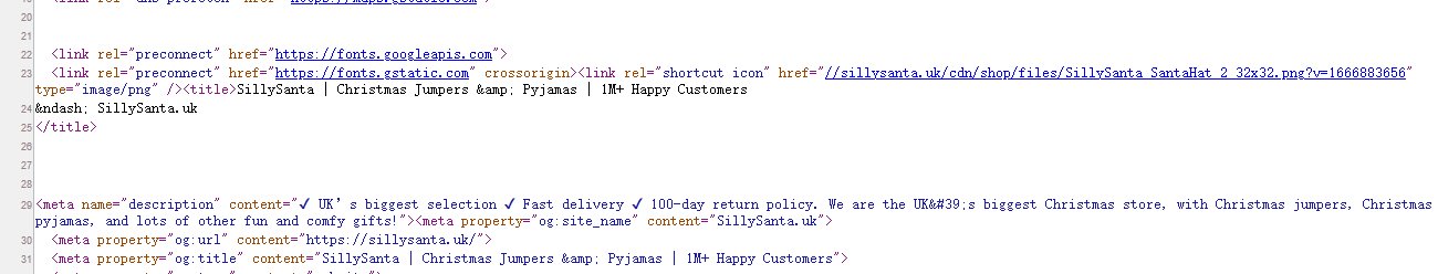 Silly Santa英国站首页源代码：title后面没有hreflang标签，直接是meta description