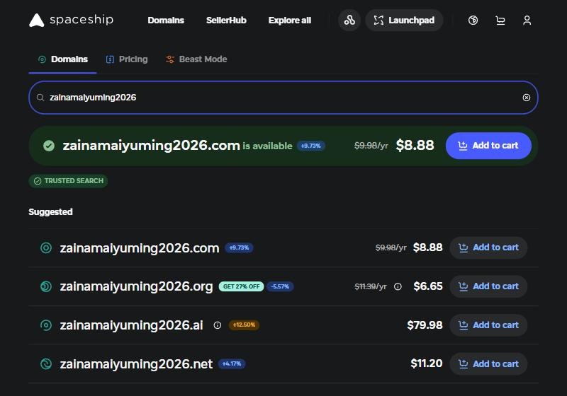 Spaceship搜索结果:.com可注册,续费价9.98美元每年被划掉,旁边是首年价8.88美元;.org首年6.65美元