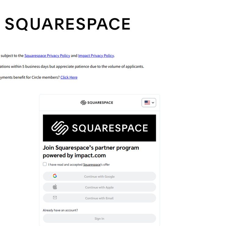 Squarespace联盟申请页写明由impact.com提供和5个工作日内审核