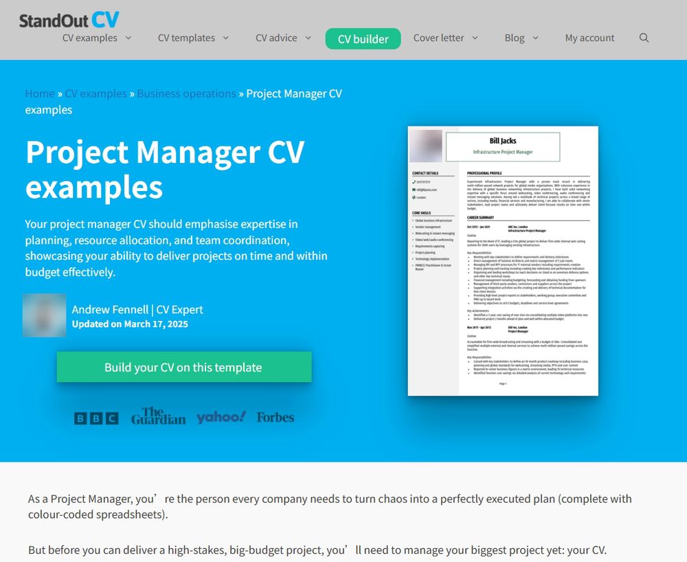 StandOut CV项目经理简历范文页,顶部按钮Build your CV on this template直通生成器