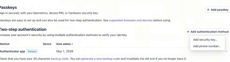 Stripe个人详情页的Two-step authentication,Authenticator app标为Default,添加日期May 1, 2026,下方提示检查24位备用码,Add authentication method下拉剩Add security key和Add phone number