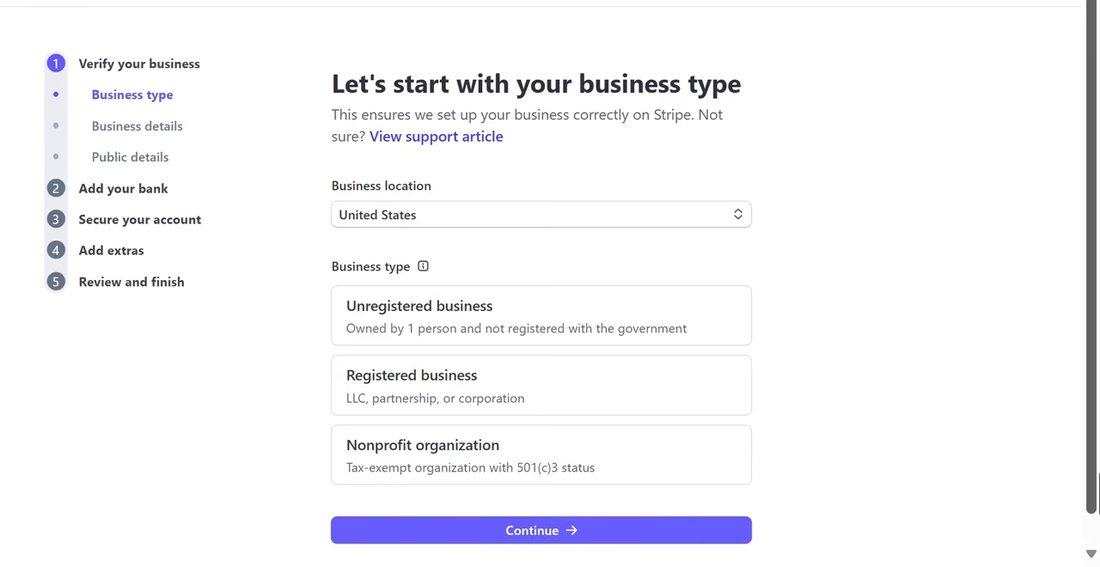 Stripe激活账户第一步,先选Business location业务所在地,再在Unregistered business、Registered business、Nonprofit organization三种业务类型里选一个,左边是五个步骤