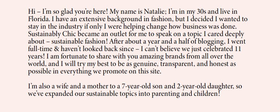 Sustainably Chic的About页:创始人Natalie三十多岁住佛罗里达,写了约一年半后全职,刚过11周年