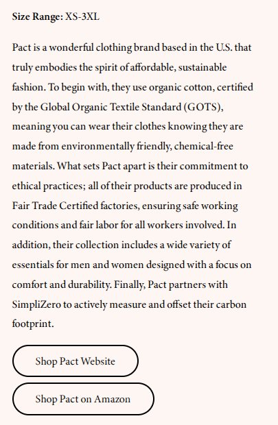 Sustainably Chic清单文里Pact的品牌卡片:尺码XS-3XL、GOTS有机棉介绍和Shop Pact Website、Shop Pact on Amazon两个按钮