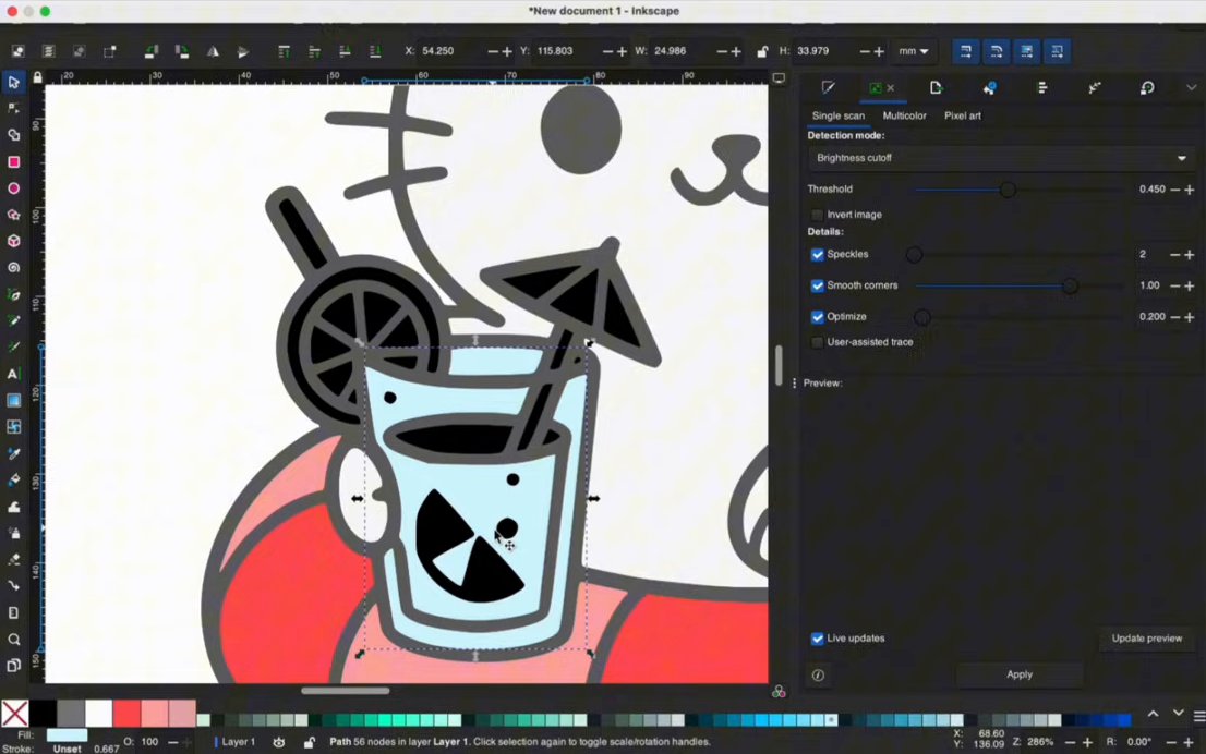 Inkscape放大选中杯子图案局部路径,检查细碎形状