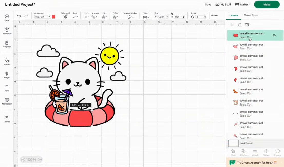 Cricut Design Space导入猫图SVG后右侧Basic Cut分色图层
