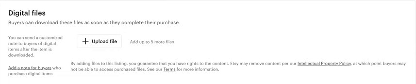 Etsy数字商品编辑页Digital files区的Upload file按钮