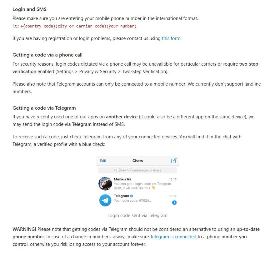 Telegram官方帮助中心FAQ的Login and SMS一节:国际格式、电话验证码条件、验证码发到Telegram官方会话和WARNING提示