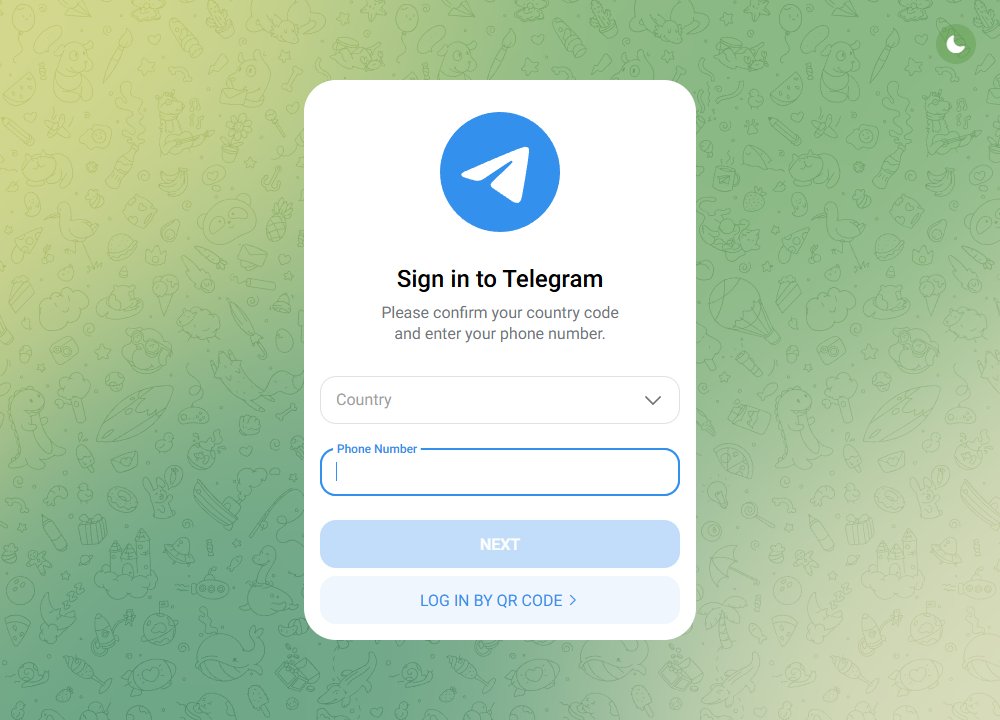 Telegram网页版Sign in to Telegram页:Country、Phone Number、NEXT按钮和LOG IN BY QR CODE