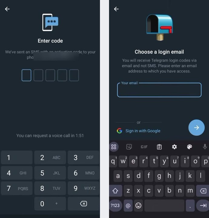 Telegram手机端验证码页,左图是Enter code页,右图是Choose a login email页