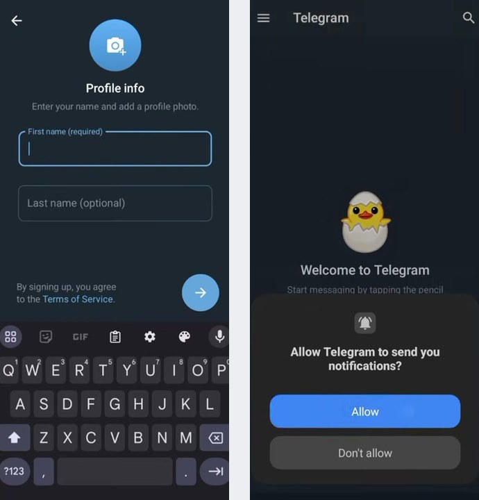 Telegram手机端注册最后两步,左图是Profile info页,右图是进入后的Welcome to Telegram空对话页