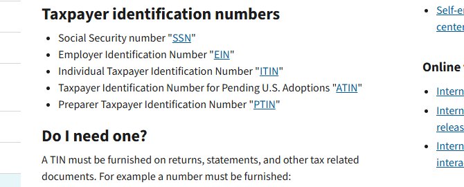 IRS官网TIN页面SSN、EIN、ITIN、ATIN、PTIN五类号码列表