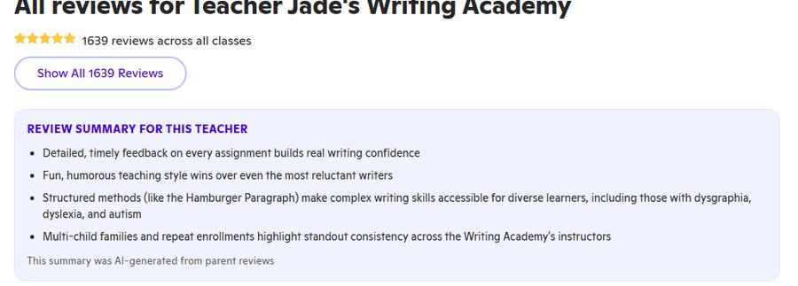 Outschool根据家长评价自动生成的Teacher Jade's Writing Academy评价总结