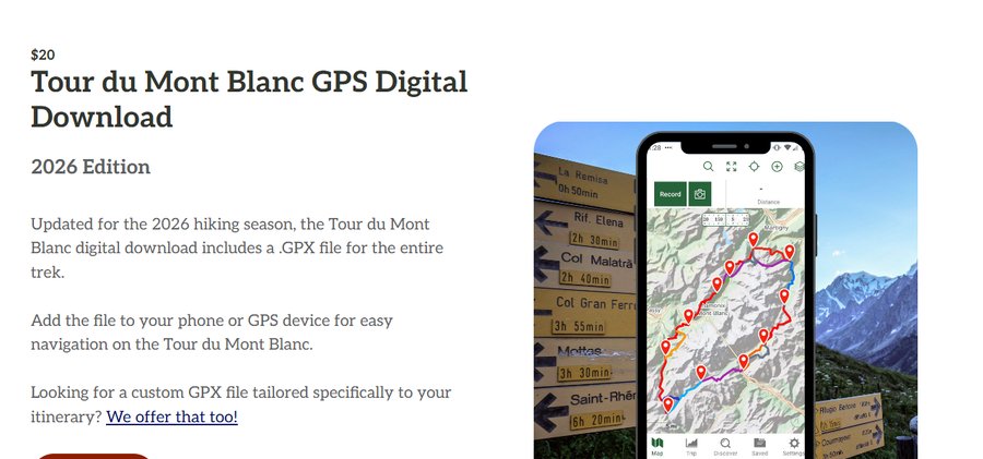 TMB Trail Guide环勃朗峰GPS文件2026版20美金,手机地图上显示整条路线轨迹