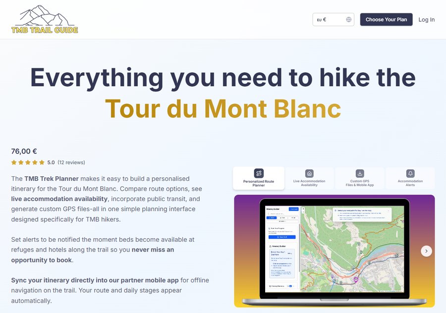 TMB Trek Planner交互规划工具76欧,12条评价5.0分,可看实时床位、设床位提醒、同步到合作App