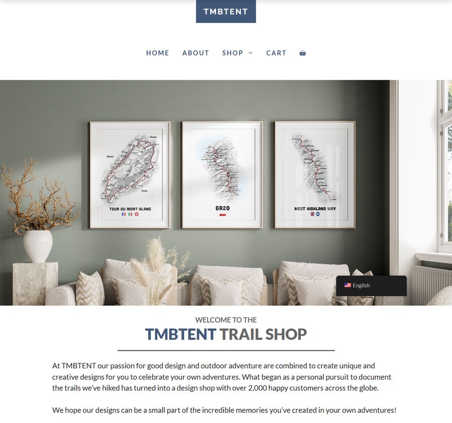 TMBTENT周边店:环勃朗峰、GR20、西高地之路三幅路线地图海报,写着over 2,000 happy customers