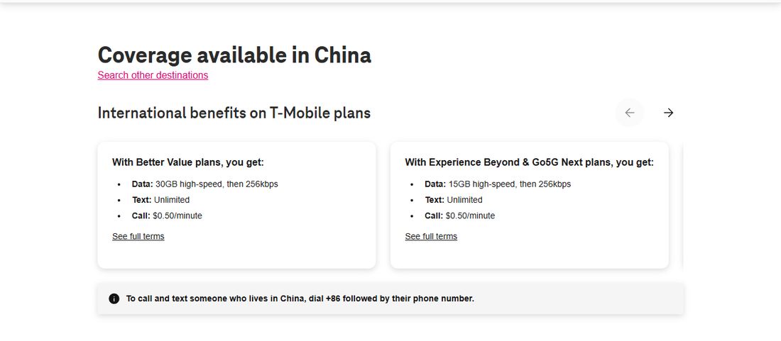 T-Mobile查询结果:Coverage available in China,各套餐国际数据、短信、通话待遇