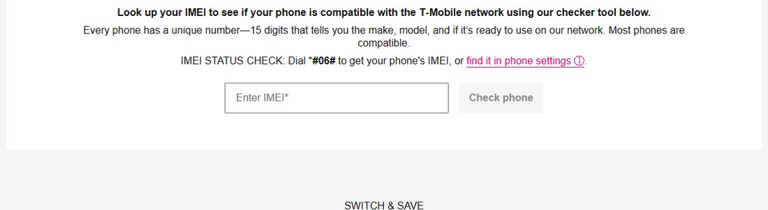 T-Mobile自带设备页的IMEI检查框,输入IMEI检查手机兼容性