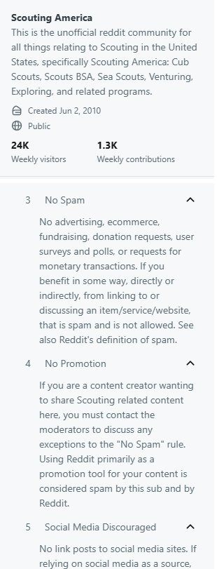 Reddit上的童子军社区r/BSA:每周访客24K,规则第3条No Spam、第4条No Promotion
