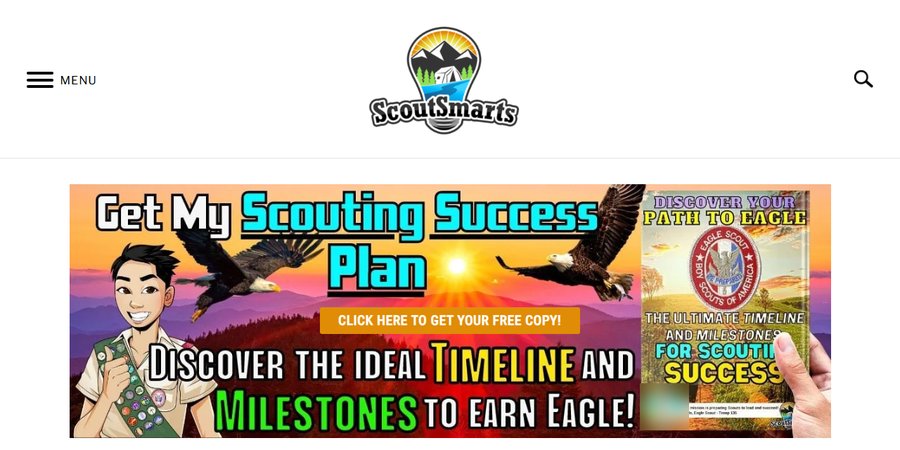 童子军利基网站ScoutSmarts首页,大横幅写Get My Scouting Success Plan,换邮箱送鹰级时间线