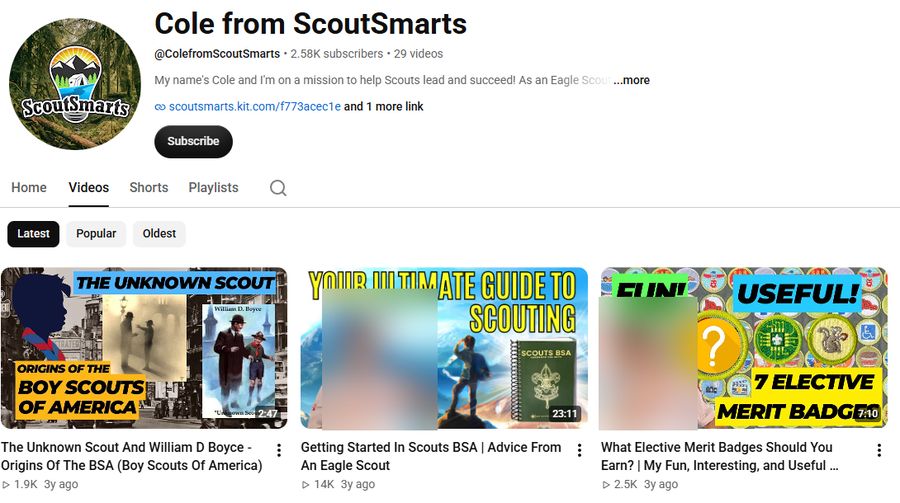 ScoutSmarts站长的YouTube频道:2.58K订阅、29个视频,最新几条都是3年前