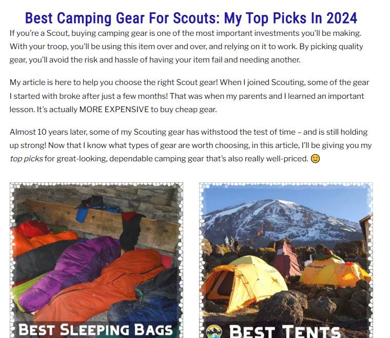 ScoutSmarts的营地装备清单页Best Camping Gear For Scouts,挂的是亚马逊联盟商品