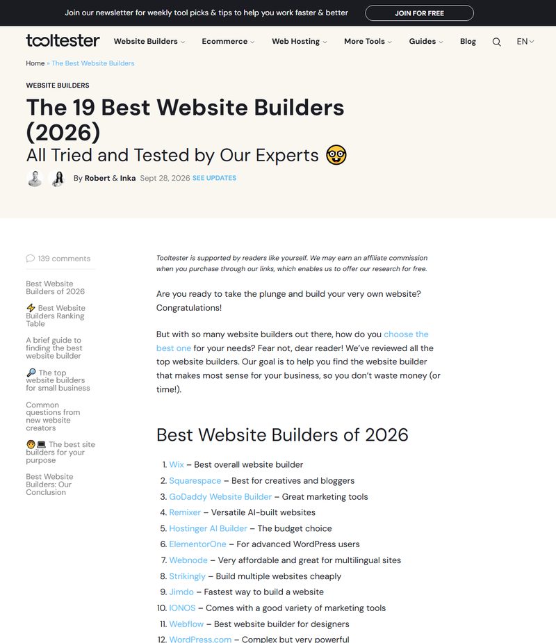Tooltester 2026年建站工具排行页和页顶的联盟佣金说明