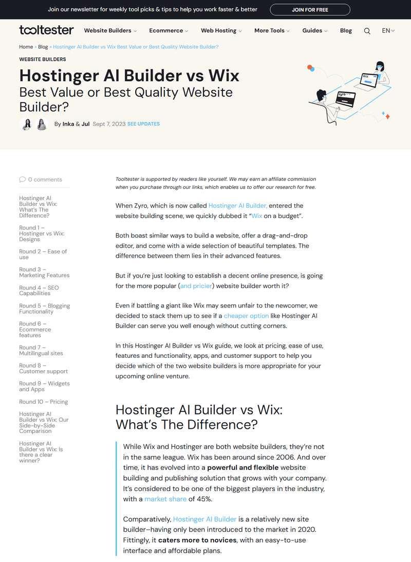 Tooltester的Hostinger AI Builder和Wix对比文,页顶写明通过链接购买会拿联盟佣金