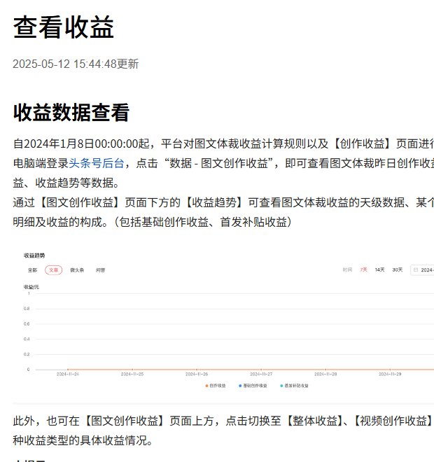 今日头条创作者帮助中心查看收益页:2024年1月8日起图文体裁收益计算规则和创作收益页面调整,下方是收益趋势图
