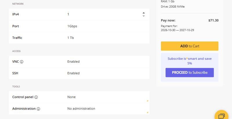 is*hosting Lite下单页网络和工具设置：IPv4为1个，端口1Gbps，流量1Tb，控制面板None