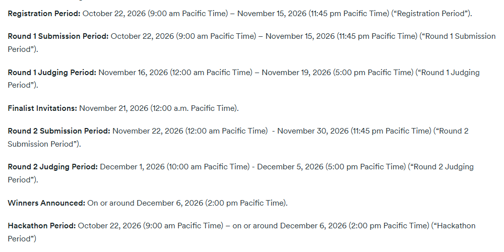 绿联AI NAS黑客松官方规则页时间线:Round 1提交截止2026年11月15日11:45 pm Pacific Time,Round 2截止11月30日,12月6日公布获奖