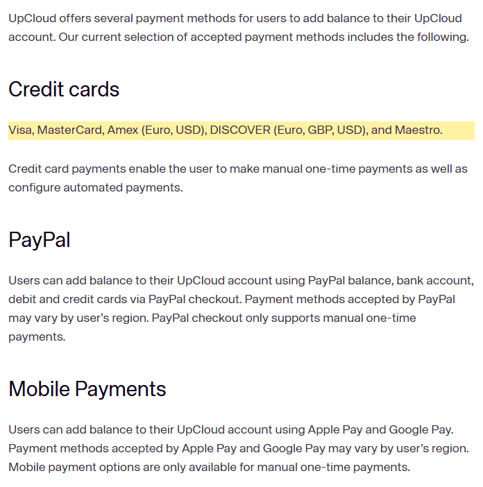 UpCloud官方付款方式文档:信用卡Visa、MasterCard、Amex、Discover、Maestro,PayPal只能手动一次性付款,Apple Pay和Google Pay只能手动付款