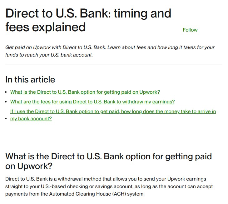 Upwork帮助中心文章页头,标题Direct to U.S. Bank: timing and fees explained,下面是文章目录和ACH提现方式的说明