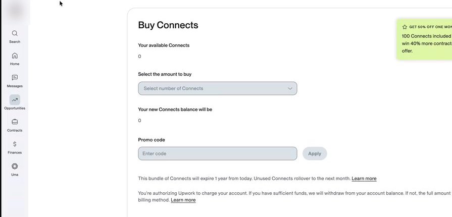 Upwork Buy Connects页面,Your available Connects显示0,下拉选择购买数量