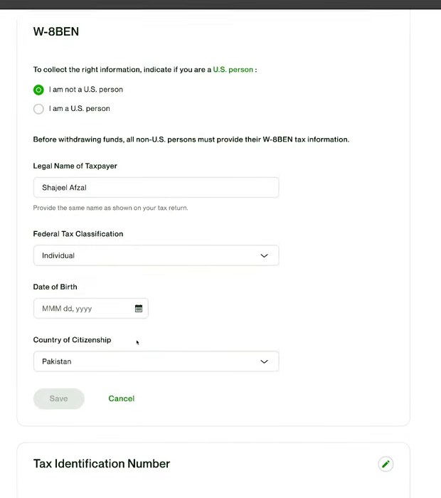 Upwork的W-8BEN页:选I am not a U.S. person,下方是Tax Identification Number区块
