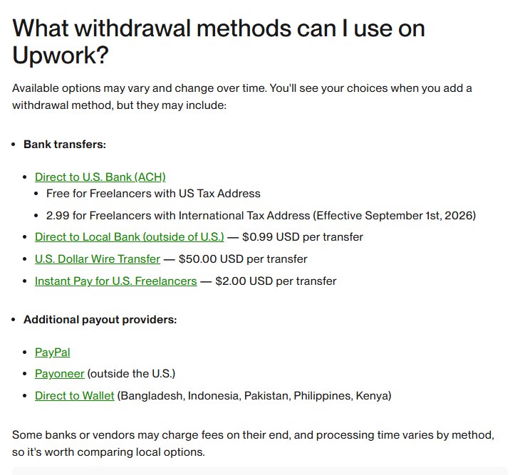 Upwork帮助中心提现方式列表:Direct to U.S. Bank免费或2.99美元、本地银行0.99美元、电汇50美元、Instant Pay 2美元、PayPal、Payoneer、Direct to Wallet