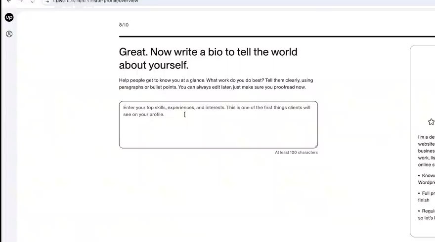 Upwork建资料8/10写简介,输入框下方提示至少100个字符