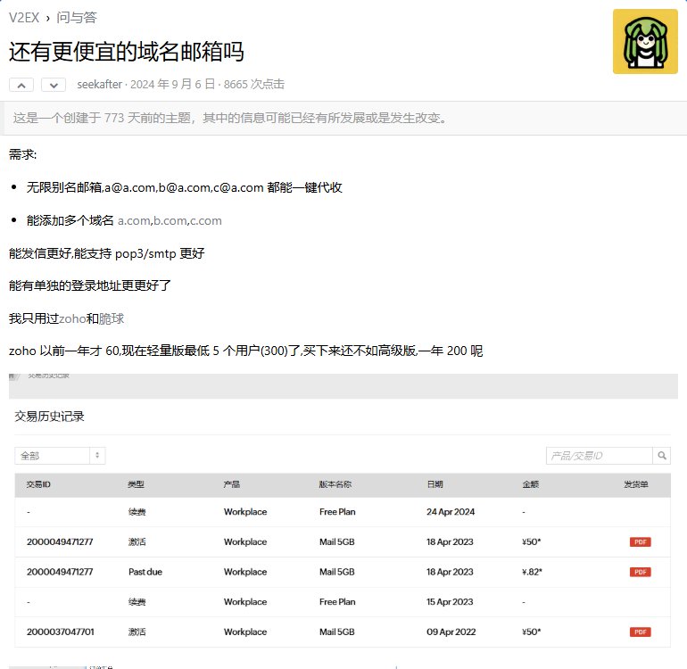 2024年9月的公开帖:Zoho以前一年60元,现在轻量版最低5个用户300元,附交易历史记录里有Free Plan和Mail 5GB 50元的记录