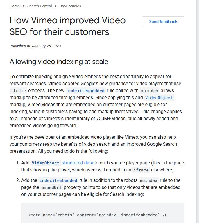 谷歌官方Vimeo案例页:给播放器页加VideoObject,配合noindex和indexifembedded规则,客户网页里嵌的视频不用自己加标记也有资格编入索引