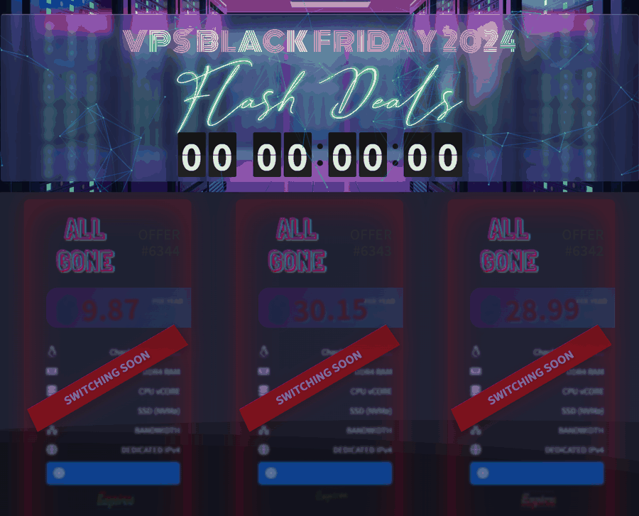VirMach黑五闪购页,标题还是VPS BLACK FRIDAY 2024,倒计时全是0,三个闪购位都显示ALL GONE