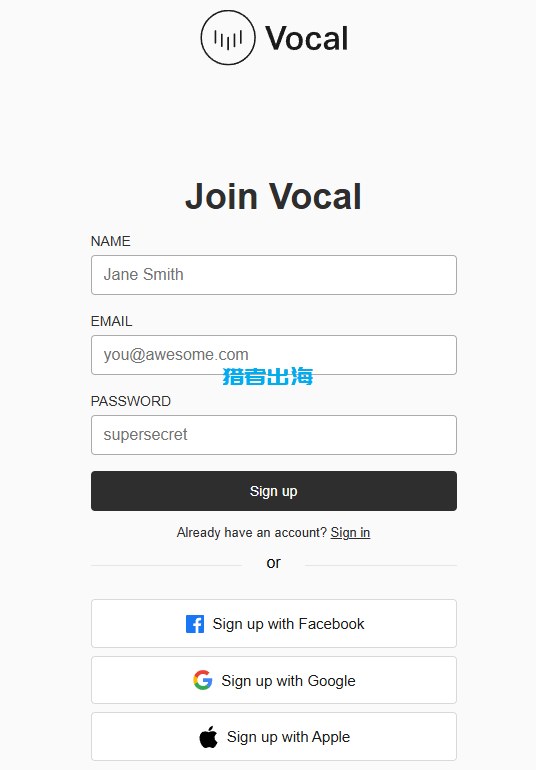 Vocal Media注册页Join Vocal:填名字、邮箱、密码,或用Facebook、Google、Apple账号注册