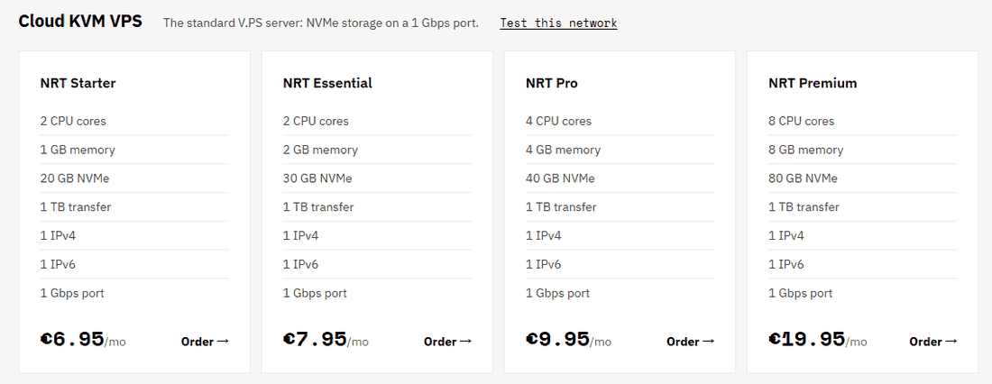 V.PS东京Cloud KVM四档:Starter 2核1GB 20GB NVMe每月6.95欧元,Essential 7.95欧元,Pro 9.95欧元,Premium 19.95欧元,都是每月1TB流量1Gbps端口